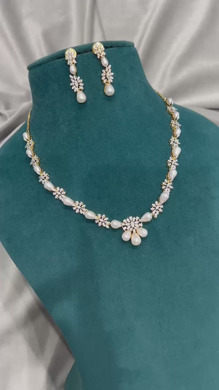 Elegant Pearl Drop Necklace Set – Gold Finish with CZ Diamonds